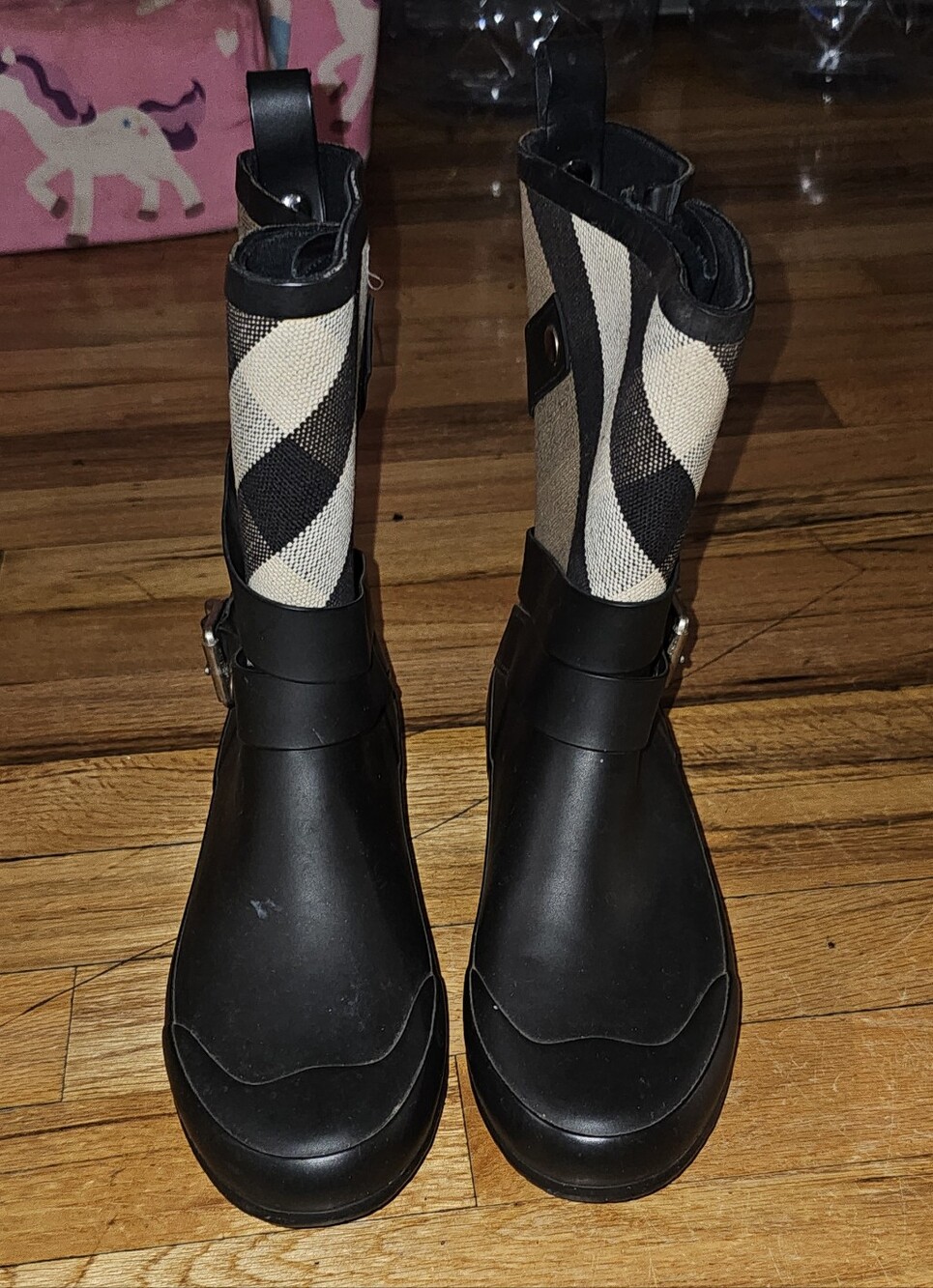 BURBERRY Black and Beige Patterned Women's Mid-Calf Rain Boots 6